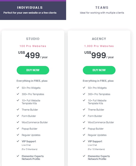 Elementor pricing teams