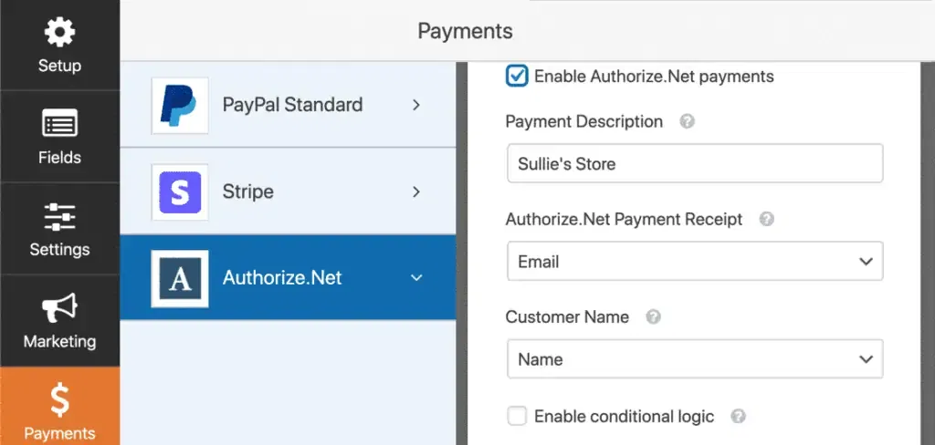 Wpform payment integration