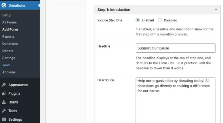 customize donation form