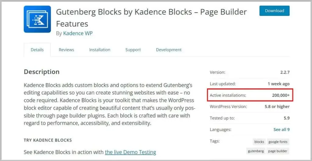 Kadence block active installations